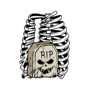 Puede incluir: Una ilustración en blanco y negro de una caja torácica con una lápida delante. La lápida es gris y tiene la palabra "RIP" escrita en ella. La lápida tiene un diseño de calavera y huesos cruzados.