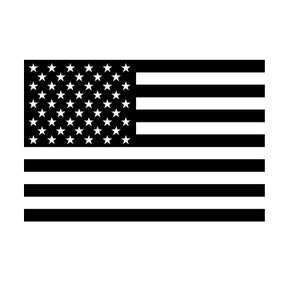 May include: A black and white image of the American flag. The flag has 13 horizontal stripes, alternating red and white, with a blue rectangle in the upper left corner containing 50 white five-pointed stars.