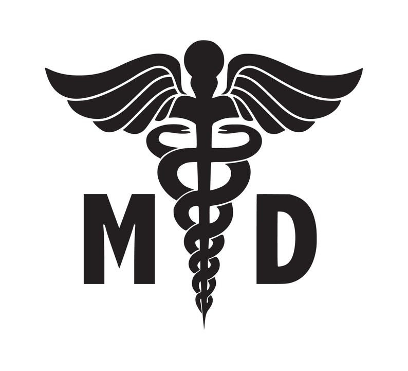 Puede incluir: Ilustraci&oacute;n en blanco y negro de un s&iacute;mbolo m&eacute;dico, el Caduceo, con alas y una serpiente enroscada alrededor. Las letras "MD" est&aacute;n a cada lado del s&iacute;mbolo.