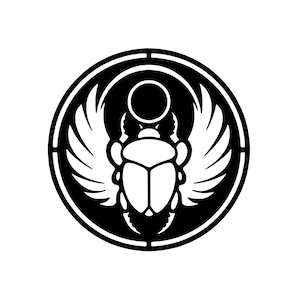 May include: Black and white illustration of a scarab beetle with wings inside a circle.