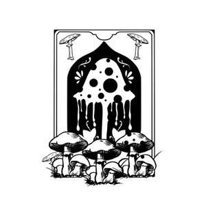 Puede incluir: Ilustración en blanco y negro de un hongo con esporas goteando, enmarcado en un arco decorativo. Debajo del arco hay varios hongos más pequeños con manchas blancas.