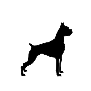 Puede incluir: Silueta negra de un perro boxer de pie sobre un fondo blanco.