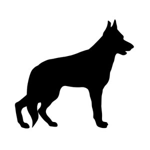Puede incluir: Silueta negra de un perro, probablemente un pastor alemán, sobre un fondo blanco. El perro está representado de perfil, con orejas puntiagudas y la boca ligeramente abierta. Imagen sencilla y gráfica.