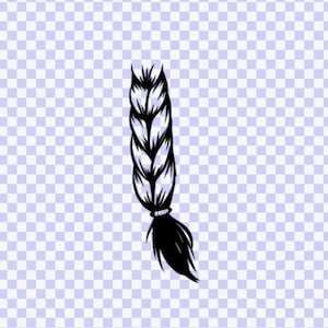 May include: A black and white illustration of a braid of hair with a black hair tie.