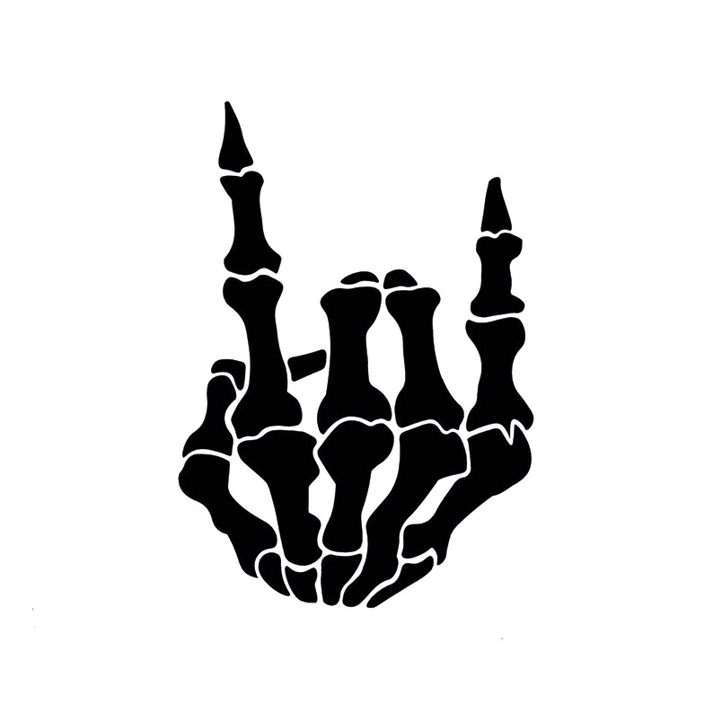 May include: Black and white silhouette of a skeleton hand making the rock and roll hand gesture.