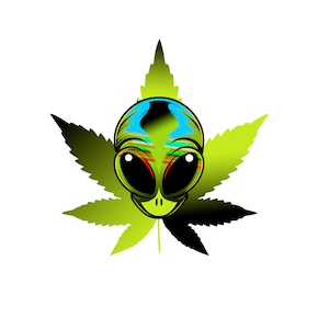 Pode incluir: Uma folha verde de marijuana com um rosto alienígena no centro. O alienígena tem grandes olhos pretos e um rosto verde com um padrão azul e verde.