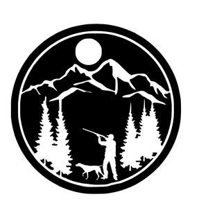 May include: Black and white silhouette of a hunter with a gun and a dog in front of a mountain range with a full moon in the sky.
