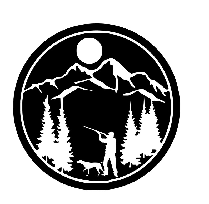 May include: Black and white silhouette of a hunter with a gun and a dog in front of a mountain range with a full moon in the sky.