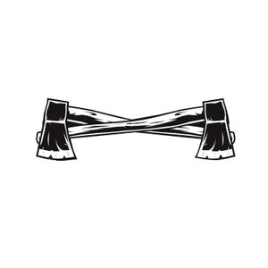 May include: Two black axes crossed over each other. The axes have wooden handles and sharp blades.