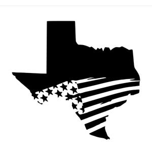 May include: Black and white silhouette of the state of Texas with an American flag design overlayed on the bottom half.