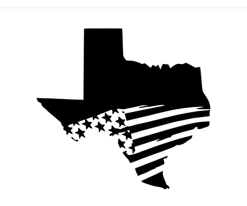 May include: Black and white silhouette of the state of Texas with an American flag design overlayed on the bottom half.
