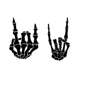 May include: Two black skeleton hands making the rock and roll hand gesture. The hands are in a silhouette style.