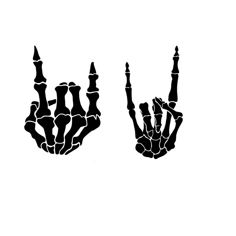 May include: Two black skeleton hands making the rock and roll hand gesture. The hands are in a silhouette style.