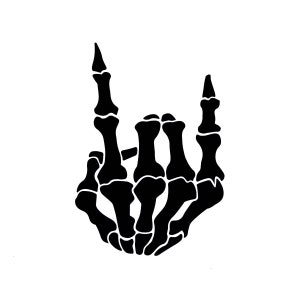 May include: Black and white silhouette of a skeleton hand making the rock and roll hand gesture.