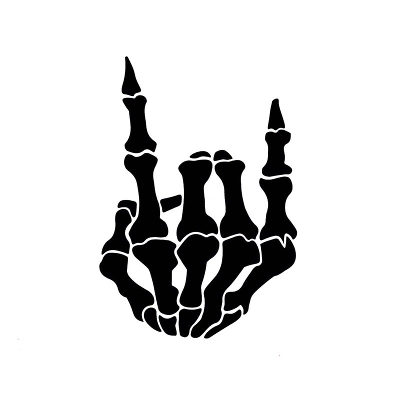 May include: Black and white silhouette of a skeleton hand making the rock and roll hand gesture.