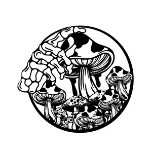 Puede incluir: Ilustración en blanco y negro de un grupo de setas con una mano esquelética. Las setas tienen un patrón moteado. La imagen está contenida dentro de un círculo negro.
