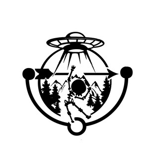 May include: Black and white illustration of a skeleton being abducted by a UFO. The skeleton is standing in a mountainous landscape with trees. The UFO is above the skeleton, casting beams of light down on it.