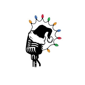 May include: A black and white illustration of a vintage microphone wearing a Santa hat with colorful Christmas lights around it.
