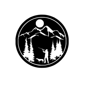 May include: Black and white silhouette of a hunter with a dog in a forest setting. The hunter is holding a rifle and is standing in front of a mountain range. There is a full moon in the sky.
