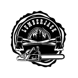 May include: Black and white illustration of a lumberjack logo with a chainsaw, two crossed axes, and a forest scene inside a circular wood grain design. The text "LUMBERJACK" is written around the circle.