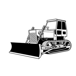 Op de afbeelding: Zwart-witte lijntekening van een bulldozer. De bulldozer heeft een grote schop aan de voorkant en een rupsbandensysteem.