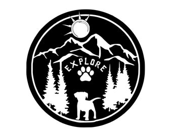 May include: Black and white illustration of a dog in front of a mountain range with a sun and trees. The text "EXPLORE" is written in a circle around a paw print.