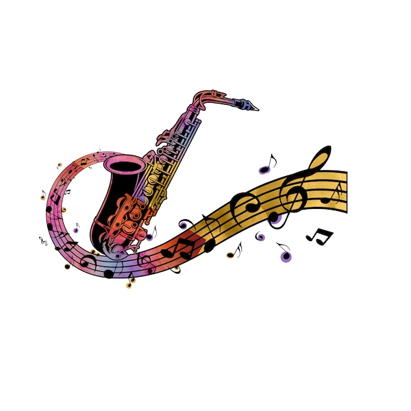 Watercolor Saxophone sax Svg download, Sax Musical notes svg png jpg, saxophone Instrument Blues Music Jazz Music SVG png download,