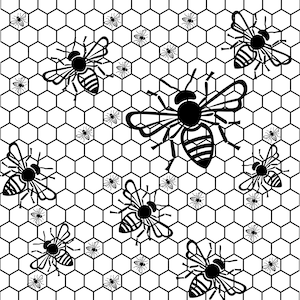 Puede incluir: Ilustración en blanco y negro de abejas volando sobre un patrón de panal.
