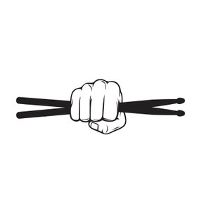 May include: A black and white illustration of a hand holding a pair of drumsticks.