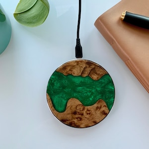 Fathers Day Gift, Personalized Wireless Charger, Birthday Gift for Him/Her w Gift Box, Round Qi Wireless Charger Pad Resin Wood 10W