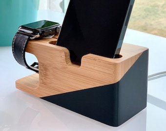 Personalized Bamboo Phone Docking Station, Smart Phone and Watch Charging Dock, Personalized Birthday Gift, iPhone & Apple Watch Stand