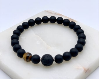Matte Black Onyx, Tiger's Eye, and Lava Stone Bracelet, Men Bracelet with Natural Semi-Precious Gemstone Beads