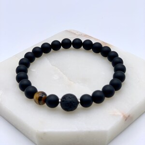 Matte Black Onyx, Tiger&#39;s Eye, and Lava Stone Bracelet, Men Bracelet with Natural Semi-Precious Gemstone Beads