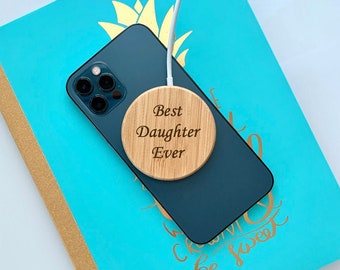 Birthday Gift,  Personalized MagSafe Charger, Wireless Charger for iPhone 12, 12 Pro, 12 Pro Max, 12 Mini, Bamboo Wireless Charging Case