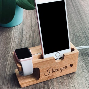 Fathers Day Gift, Bamboo iPhone and Watch Charging Dock, Personalized Birthday Gift for Him/Her, iPhone & Apple Watch Stand