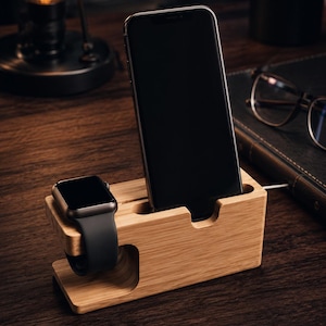 Bamboo iPhone and Apple Watch Charging Dock: Compact Office Stand, Phone Docking Station
