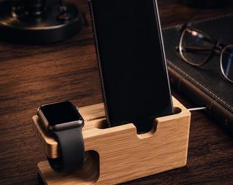 Bamboo iPhone and Apple Watch Charging Dock: Compact Office Stand, Phone Docking Station