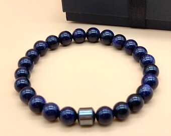 Blue Sandstone and Hematite Bracelet, Men Bracelet with Natural Semi-Precious Gemstone Beads, Handmade Bracelet for Him