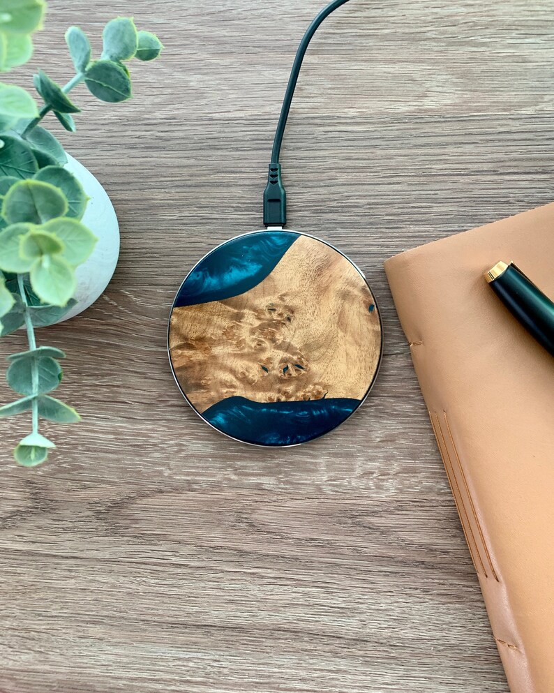 Fathers Day Gift, Personalized Wireless Charger, Birthday Gift for Him/Her w Gift Box, Round Qi Wireless Charger Pad Resin Wood 10W image 1