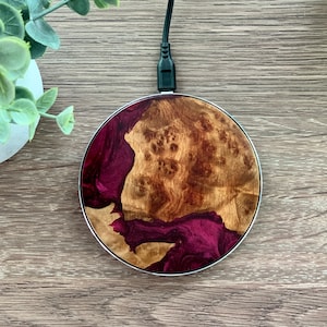 Fathers Day Gift, Personalized Wireless Charger, Birthday Gift for Him/Her w Gift Box, Round Qi Wireless Charger Pad Resin Wood 10W