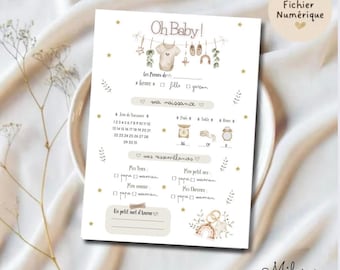 Puede incluir: Una hoja imprimible de estadísticas del bebé con las palabras "Oh Baby!" en la parte superior. La hoja tiene espacios para registrar los detalles del nacimiento del bebé, incluyendo la hora, el sexo, el peso y la longitud. También incluye áreas para registrar rasgos físicos.