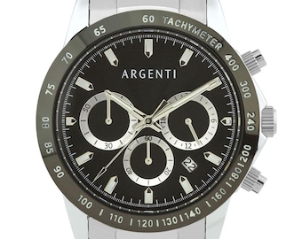 May include: A silver Argenti chronograph watch with a dark gray face, featuring subdials, a date window, and a tachymeter bezel. The watch has silver hands and markers, and a silver link bracelet.