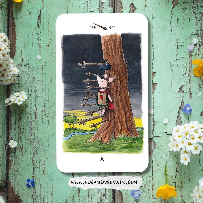 May include: A rectangular tarot card featuring a watercolor illustration of a small pink pig-like creature wearing a red cape and a brown vest with a heart emblem, pinned to a large tree trunk by ten wooden swords. The Roman numeral X is below.