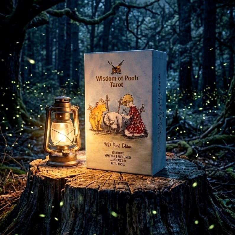 May include: A rectangular box titled Wisdom of Pooh Tarot with an illustration of a bear and a child, accompanied by a lit metal lantern. The box text includes 2013 Fouss Edition, created by Ssaefinca & Angel Mesa, and illustrated by Kat L. Ansel.