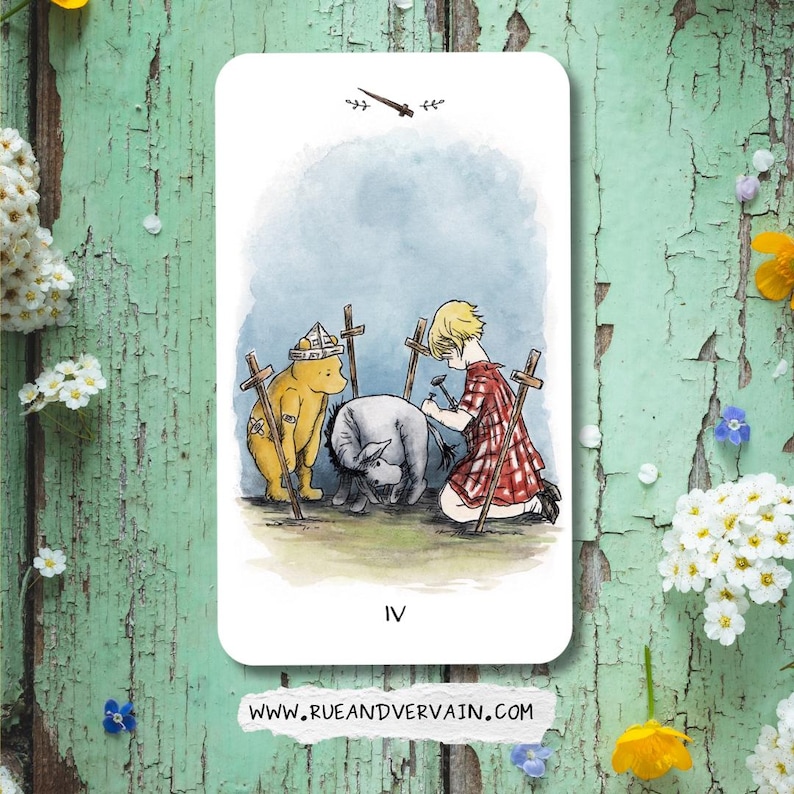 May include: A rectangular tarot card featuring a watercolor illustration of a yellow bear wearing a paper hat, a grey donkey, and a child in a red plaid dress. The scene includes four wooden stakes and the Roman numeral IV. The text reads IV.