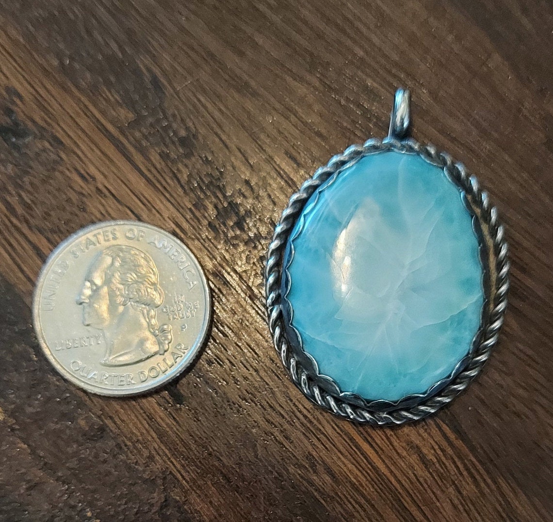 High Quality Larimar Set in Fine Silver Sculptured Bezel Surrounded by