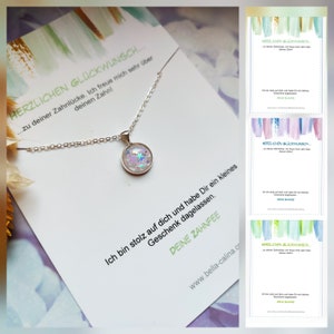 Tooth fairy necklace for children including pendant with white mother-of-pearl shine star confetti in a silver version - various cards