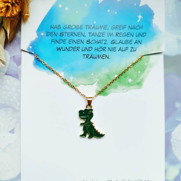 Necklace with Tyrannosaurus Dino pendant green in gold - protective and encouraging necklace for boys - card blue green