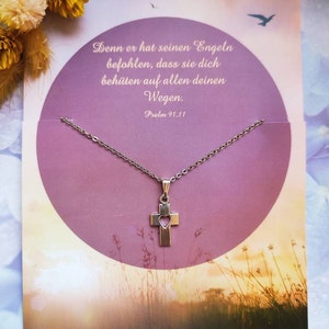 Schutzengel-Kette - kleines Kreuz mit Herz in Edelstahlfarben, Geschenkidee zur Taufe, Trauer, Glücksbringer. Karte: Psalm 91,11