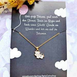 Kette mit einem Kuh Anhänger in Gold - Beschützer- und Mut-mach-Kette für Kinder - verschiedene Karten wählbar